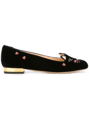 Charlotte Olympia 'Lucky Kitty' Samtslipp sneakers (zwart)